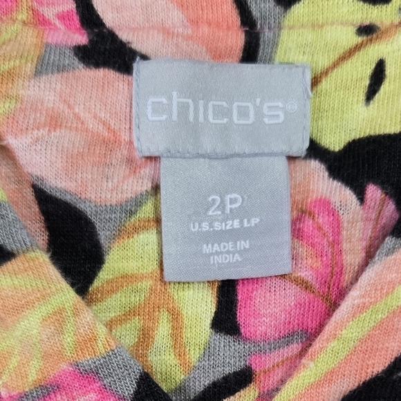 Chico's 100% Linen Pink Yellow Tropical Leaf Split Neck Top Colorful Vacation - Picture 7 of 8